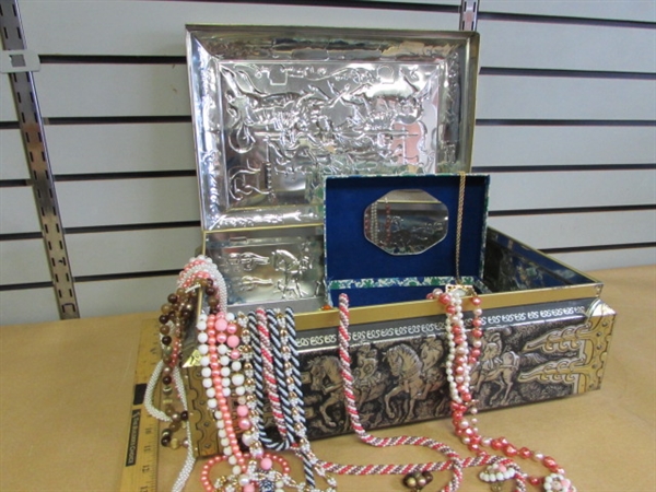 LOADS OF VINTAGE COSTUME JEWELRY & COOL LARGE METAL TIN WITH HINGED LID-NICE TREASURE CHEST