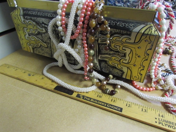 LOADS OF VINTAGE COSTUME JEWELRY & COOL LARGE METAL TIN WITH HINGED LID-NICE TREASURE CHEST