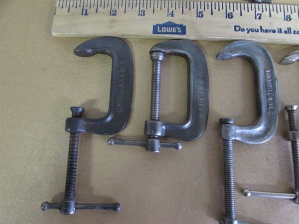 C-CLAMPS FOR THE SHOP-11 DIFFERENT SIZES & MAKES -HARGRAVE, STANLEY, & MORE