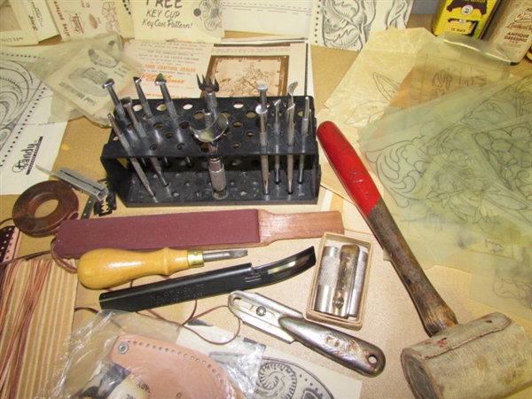 LEATHER-WORKING TOOLS-RACK, LEATHER, LACING, DYES, PATTERNS & MORE TO GET YOU STARTED