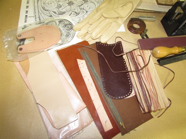 LEATHER-WORKING TOOLS-RACK, LEATHER, LACING, DYES, PATTERNS & MORE TO GET YOU STARTED