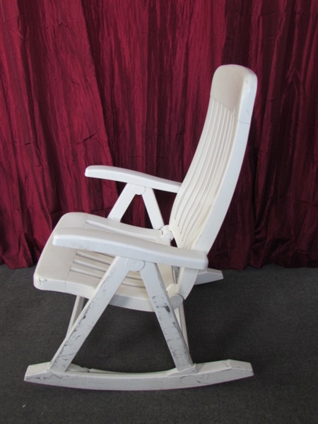 NICE ADJUSTABLE PATIO ROCKING CHAIR , FOLDS UP FOR WINTER STORAGE
