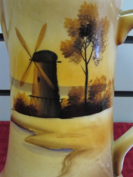 MID CENTURY CHOCOLATE POT WITH PRETTY WINDMILL SCENE HAND PAINTED IN JAPAN