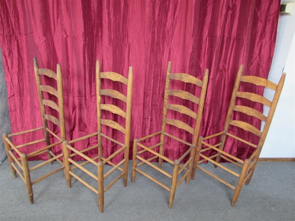 FOUR PRIMITIVE WOOD LADDER BACK PROJECT CHAIRS-FRAMES ARE NICE, JUST NEED SEATS