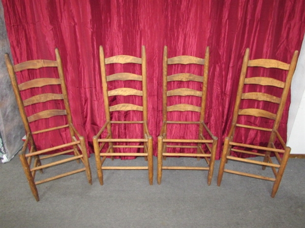 FOUR PRIMITIVE WOOD LADDER BACK PROJECT CHAIRS-FRAMES ARE NICE, JUST NEED SEATS