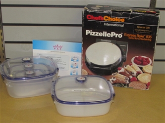 MAKE PARTY SIZE PIZZAS AT HOME WITH THIS NEW IN BOX CHEFS CHOICE PIZELLE PRO & VACUUM SEAL STORAGE