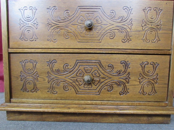 STURDY VINTAGE FOUR-DRAWER DRESSER WITH DARLING CARVED DESIGN IN DRAWERS