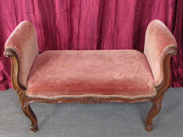 GORGEOUS ANTIQUE ROLLED ARM BENCH WITH ORNATELY CARVED DETAILS & ORIGINAL FABRIC