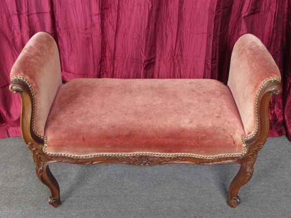 GORGEOUS ANTIQUE ROLLED ARM BENCH WITH ORNATELY CARVED DETAILS & ORIGINAL FABRIC