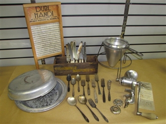 OLD TIME KITCHEN UNIVERSAL NO. 2 GRINDER, WASHBOARD, STRAINER W/STAND, SILVER PLATE FLATWARE & MORE