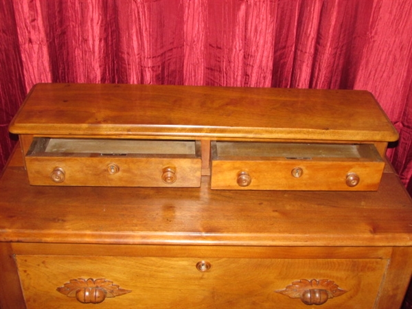 SIMPLY CHARMING, ALL WOOD ANTIQUE DRESSER WITH CARVED PULLS, LOCKS & 2 NOTION DRAWERS ON TOP