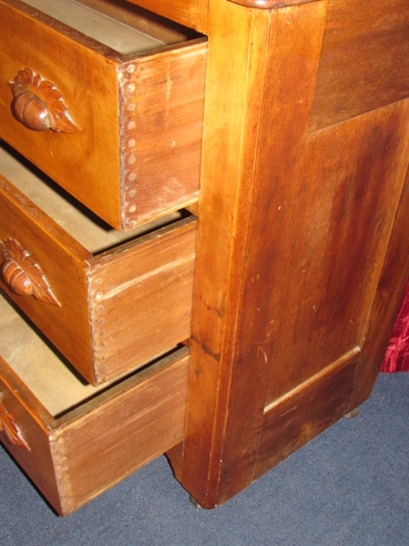 SIMPLY CHARMING, ALL WOOD ANTIQUE DRESSER WITH CARVED PULLS, LOCKS & 2 NOTION DRAWERS ON TOP