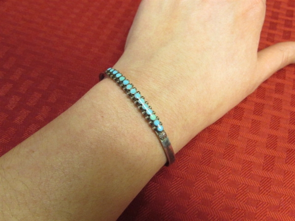 LADIES DELICATE STERLING SILVER CUFF BRACELET WITH TURQUOISE ACCENTS
