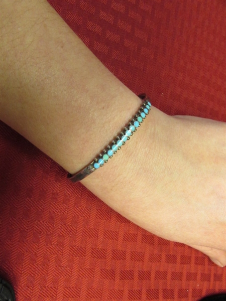 LADIES DELICATE STERLING SILVER CUFF BRACELET WITH TURQUOISE ACCENTS
