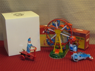 AWESOME VINTAGE NEW TIN LITHOGRAPH WIND UP TOYS-FERRIS WHEEL, CLOWN ON SCOOTER & SEAL W/BALL