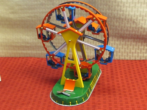AWESOME VINTAGE NEW TIN LITHOGRAPH WIND UP TOYS-FERRIS WHEEL, CLOWN ON SCOOTER & SEAL W/BALL