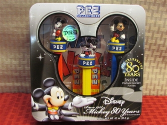 COLLECTIBLE NIB 80TH ANNIVERSARY MICKEY MOUSE PEZ SET- 3 DISPENSERS WITH CANDY & POSTER