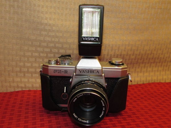 SUPER NICE YASHICA FX-2 35MM CAMERA WITH FLASH, CASE, 50MM LENS & MORE