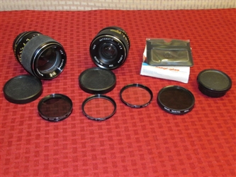 2 LENSES and 4 FILTERS FOR YOUR 35MM CAMERA -- 135MM & 28MM, PLUS CLOSE UP, SKYLIGHT & POLARIZING FILTERS