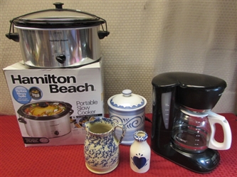 HAMILTON BEACH 5 QT SLOW COOKER, MR. COFFEE-MAKER, CANISTER, SPONGEWARE PITCHER/VASE & MORE