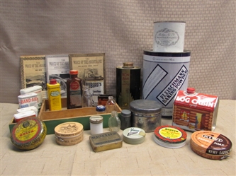 COLLECTION OF VINTAGE TINS & BOTTLES! RAWLEIGHS ANTISEPTIC SALVE, BON AMI, OLD GLASS BOTTLES & MORE!
