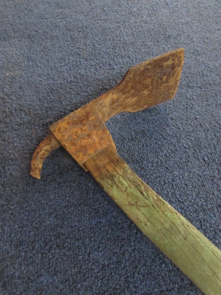 RARE VINTAGE BRUSH AXE & GRUB HOE BOTH WITH RUSTIC WOOD HANDLES