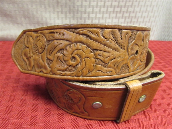 WILD FRONTIER LEATHER - RIFLE SCABBARD, TOOLED BOX, BELT, REINS WITH BIT, BOOK ON OUTLAWS & MUCH MORE