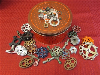 WOW! 25 VALVE HANDLES-LOTS OF SHAPES, COLORS, & SIZES PACKED IN A COOKIE TIN! A CRAFTERS DREAM