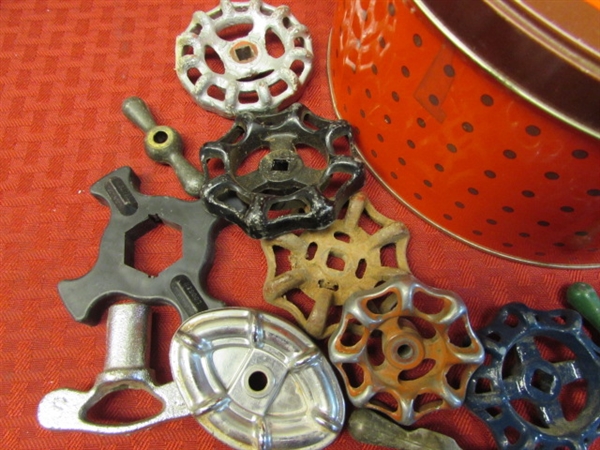 WOW! 25 VALVE HANDLES-LOTS OF SHAPES, COLORS, & SIZES PACKED IN A COOKIE TIN! A CRAFTER'S DREAM