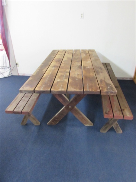 TRADITIONAL REDWOOD PICNIC TABLE & BENCHES-GET THE YARD ALL READY FOR SUMMER HANG-OUTS!