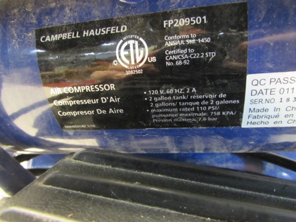 CAMPBELL HAUSFELD PORTABLE 2-GALLON TWINSTACK AIR COMPRESSOR-VERY HANDY