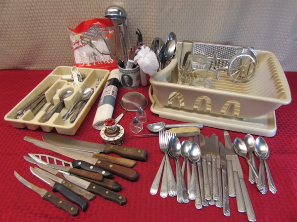FLATWARE, KNIVES, SILVERWARE TRAY, DISH DRYING RACK /DRAINER, KITCHEN TIMER, UTENSILS & MORE!