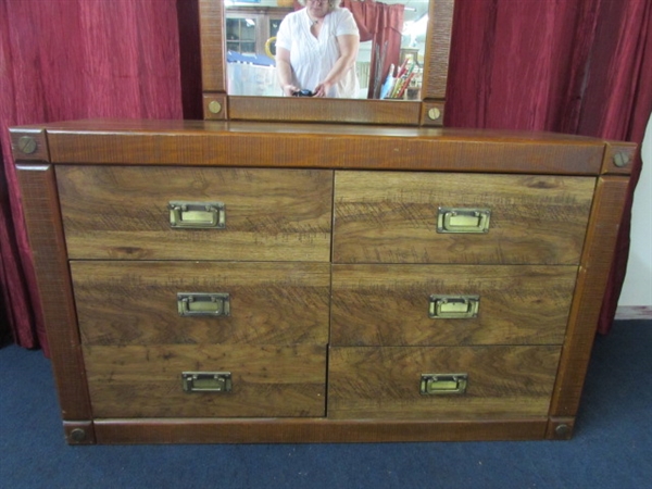 REMARKABLE 6-DRAWER DRESSER, ATTACHED MIRROR & SPIFFY ANTIQUED BRASS PULLS & ACCENTS