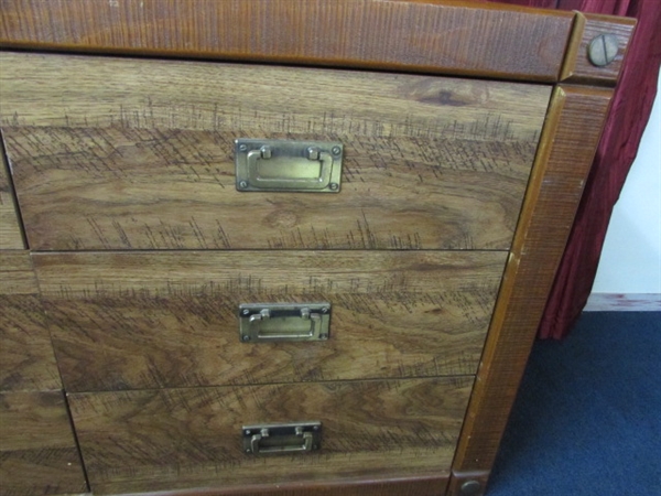 REMARKABLE 6-DRAWER DRESSER, ATTACHED MIRROR & SPIFFY ANTIQUED BRASS PULLS & ACCENTS