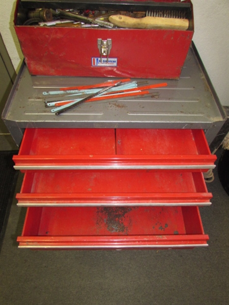 CRAFTSMAN TOOL CHEST ON WHEELS, LOTS OF ROOM FOR YOUR TOOLS PLUS ALL AMERICAN TOOL BOX WITH TOOLS
