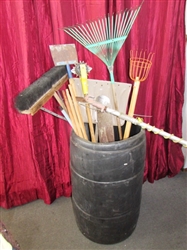 STOCK UP YOUR GARDEN SHED - LARGE BARREL WITH TOOLS, POLE PRUNER, SHOVELS, RAKES & MORE