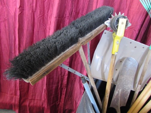 STOCK UP YOUR GARDEN SHED - LARGE BARREL WITH TOOLS, POLE PRUNER, SHOVELS, RAKES & MORE