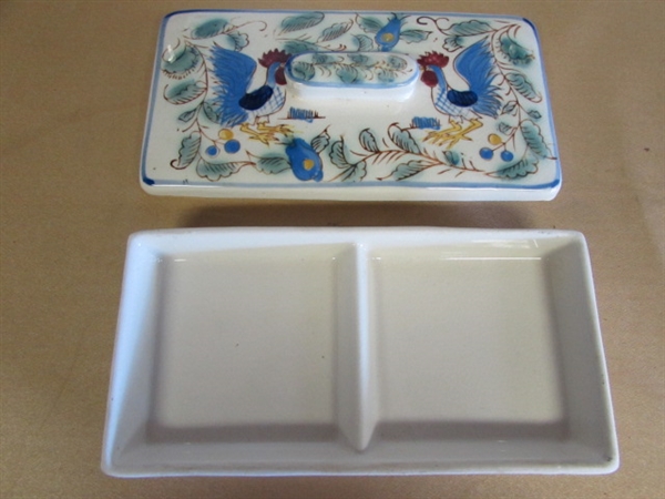 CHARMING COVERED & DIVIDED ROOSTER DISH, LARGE MILK GLASS OPEN LACE PLATTER & CUTE VINTAGE DISH