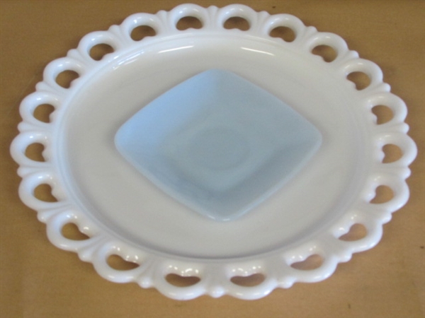 CHARMING COVERED & DIVIDED ROOSTER DISH, LARGE MILK GLASS OPEN LACE PLATTER & CUTE VINTAGE DISH