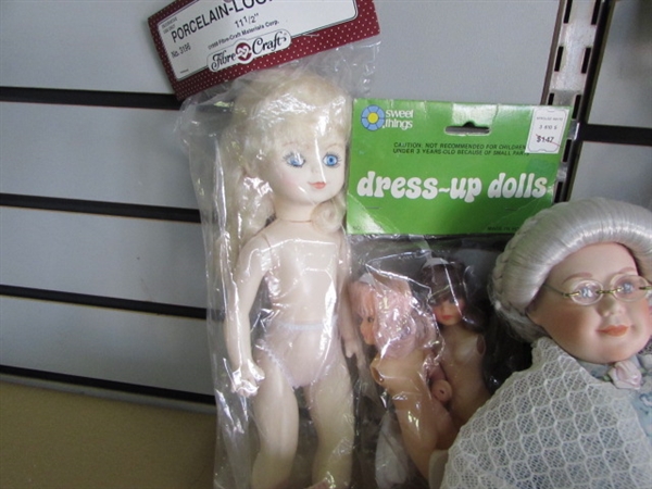 DOLLS, DOLL CLOTHES & THINGS TO MAKE DOLLS & THEIR CLOTHES-1972 GERBER BABY DOLL & NEW DOLLS INCLUDED