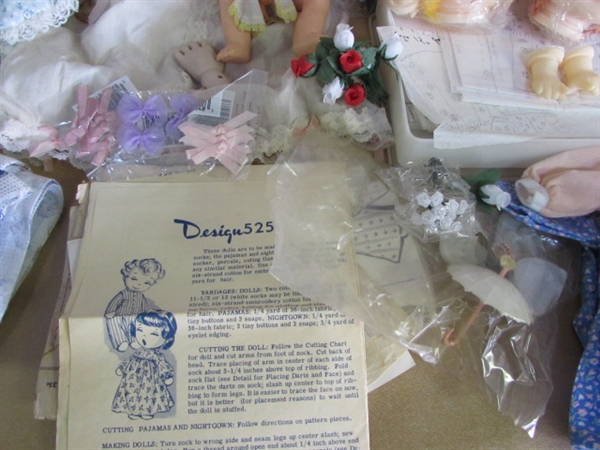 DOLLS, DOLL CLOTHES & THINGS TO MAKE DOLLS & THEIR CLOTHES-1972 GERBER BABY DOLL & NEW DOLLS INCLUDED