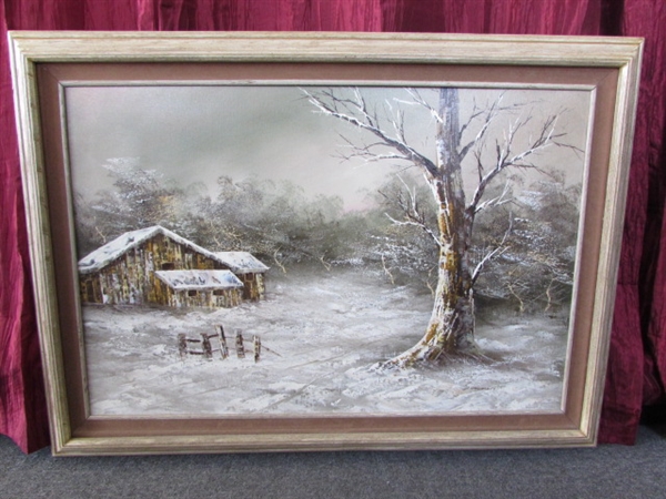 LARGE FRAMED ORIGINAL OIL PAINTING SIGNED BY ARTIST TRANQUIL SNOWY BARNYARD