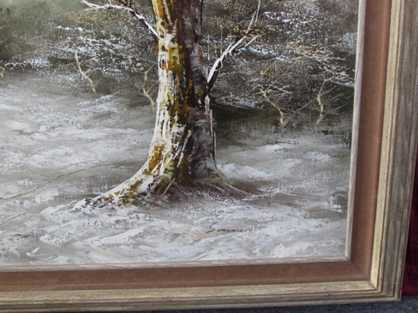 LARGE FRAMED ORIGINAL OIL PAINTING SIGNED BY ARTIST TRANQUIL SNOWY BARNYARD