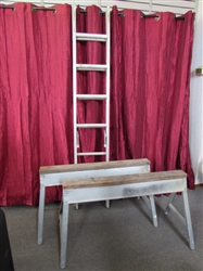 TWO METAL FOLDING SAW HORSES & AN ALUMINUM EXTENSION LADDER