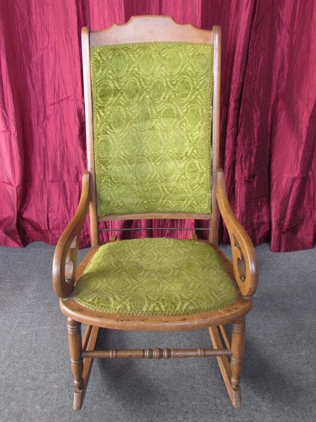 SWEET & WELL MADE ANTIQUE ROCKING CHAIR WITH CARVED DETAILS UPHOLSTERED SEAT & BACKREST & CARVED DETAILS

