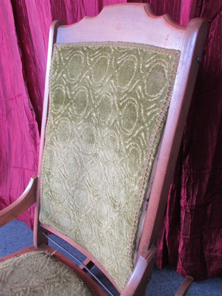 SWEET & WELL MADE ANTIQUE ROCKING CHAIR WITH CARVED DETAILS UPHOLSTERED SEAT & BACKREST & CARVED DETAILS

