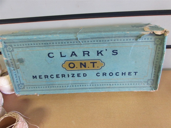 CLARKS MERCERIZED CROCHET COTTON BOX WITH 7 BALLS, A COOL VINTAGE BOBBIN & MORE!