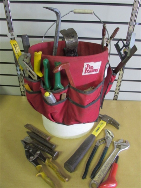 INSTANT TOOLMAN! FIVE GALLON BUCKET WITH CLOTH TOOL CADDY & A VERY NICE SELECTION OF HANDY TOOLS FOR AROUND THE HOUSE