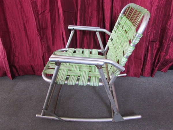 VINTAGE ALUMINUM FOLDING LAWN CHAIR & ROCKING CHAIRS WITH LOADS OF REPLACEMENT WEBBING