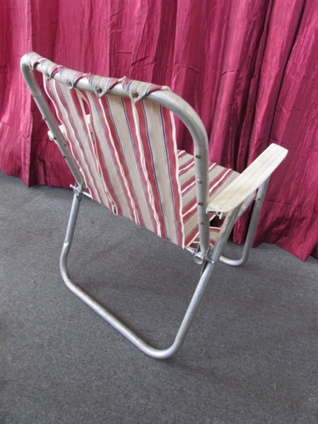 VINTAGE ALUMINUM FOLDING LAWN CHAIR & ROCKING CHAIRS WITH LOADS OF REPLACEMENT WEBBING